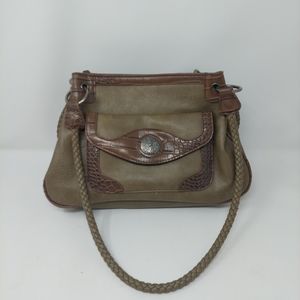 Bueno Olive Green Brown Leather Mixed Media Shoulder Bag Filagree Braided Straps